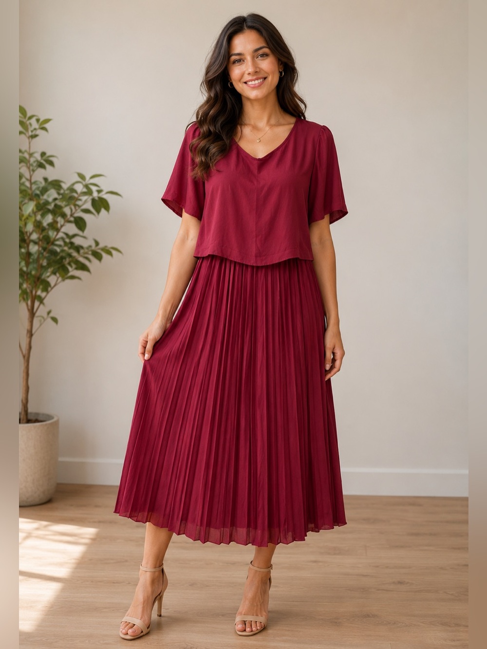 Piper‎ and Scoot Burgundy chiffon pleated maxi dress round neck short sleeve
